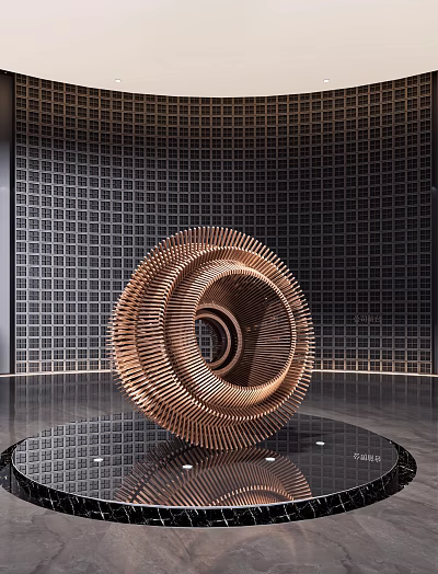 Copper Colored Spiral Sculpture with Metal Strips and Circular Hollow Center in Exhibition Hall 3d model