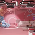 Pink KTV Interior With Circular Ceiling Lights Large Screen Projection And Decorations