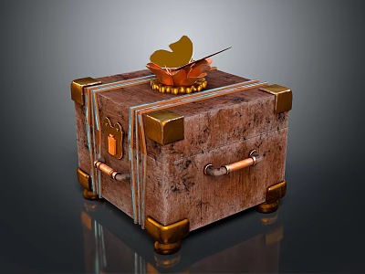 Vintage Brown Household Trunk With Gold Corners Lock Handle And Butterfly Ornament On Top 3d model