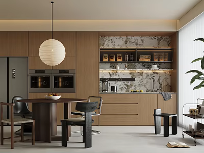 Modern Restaurant Interior With Wooden Cabinets Marble Backsplash Pendant Light And Round Dining Table 3d model