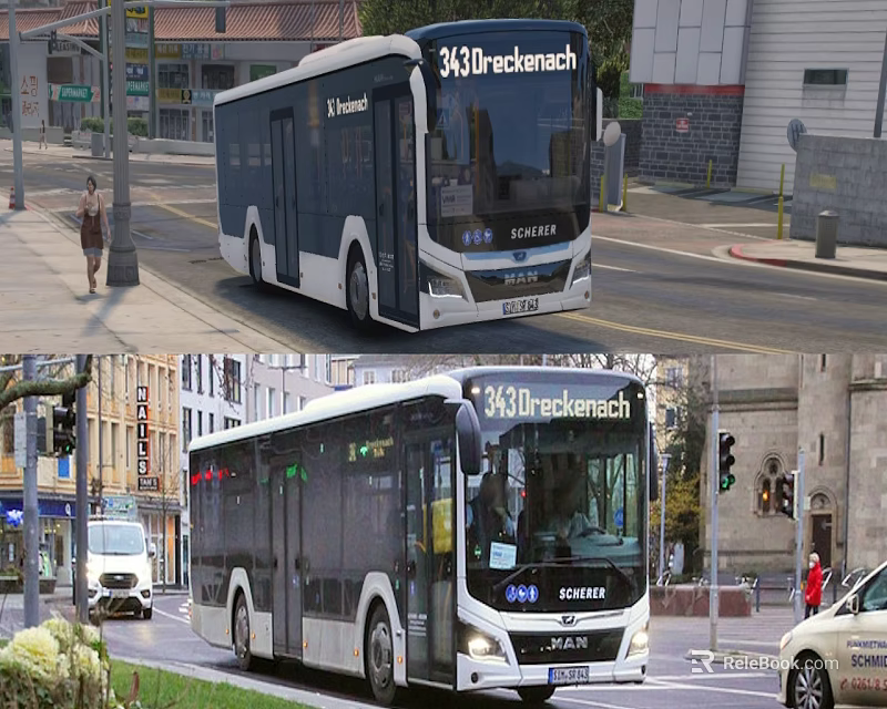 City Buses Operating On Urban Streets With Pedestrians And Cars 3d model 