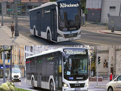 City Buses Operating On Urban Streets With Pedestrians And Cars 3d model