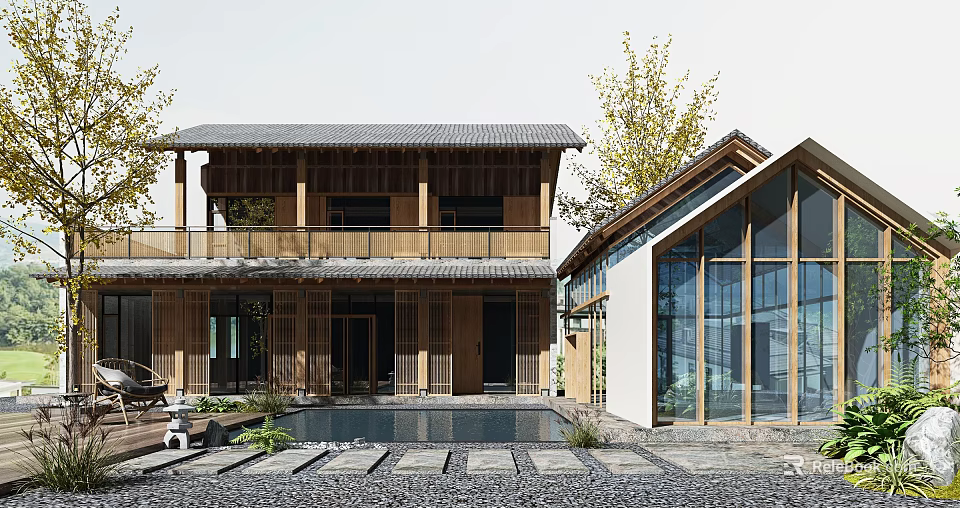 Chinese Style Courtyard Garden with Wooden Architecture Glass House Stone Path and Pool 3d model 