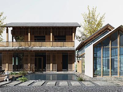 Chinese Style Courtyard Garden with Wooden Architecture Glass House Stone Path and Pool 3d model