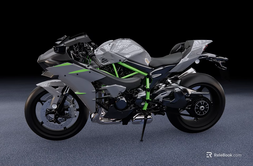 Sleek Sporty Motorcycle With Gray Green Accents Aerodynamic Bodywork Single Seat And Black Wheels 3d model 