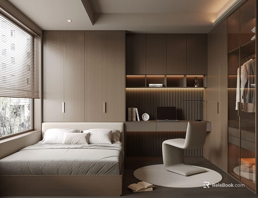 Modern Tatami Bedroom Interior Design With Tatami Bed Window Desk And Wardrobe 3d model 