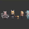 Cute Anime Style Character Figurines With Cat Ears Colored Hair And Small Dog