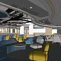 Modern Lounge Area Interior With Curved Ceiling Lighting Blue Yellow Seating And Round Tables