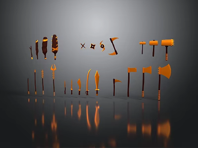 Medieval Weapons Collection With Metal Texture Golden Brown Color Neat Arrangement And Reflections 3d model