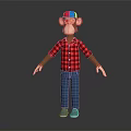 Monkey Doll With Colorful Hat Red Plaid Shirt Blue Jeans Light Blue Shoes Black Background