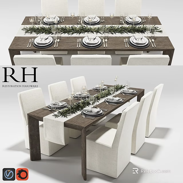 Elegant Long Wooden Dining Table And White Chairs Set With Greenery Decorations Formal Table Settings 3d model