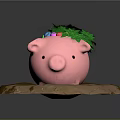 Pink Pig Decorative Ornament With Green Leaves On Brown Stone Base