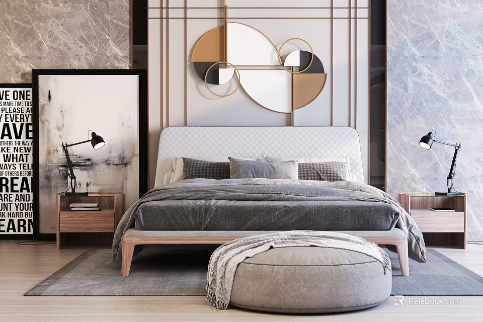 Modern Bedroom Interior With Double Bed Circular Wall Decor Nightstands Table Lamps And Round Ottoman 3d model 