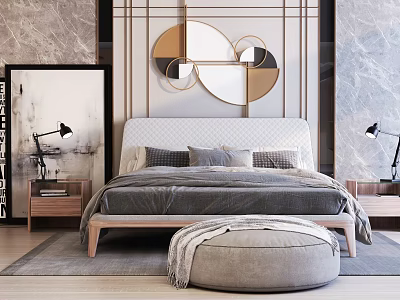 Modern Bedroom Interior With Double Bed Circular Wall Decor Nightstands Table Lamps And Round Ottoman 3d model