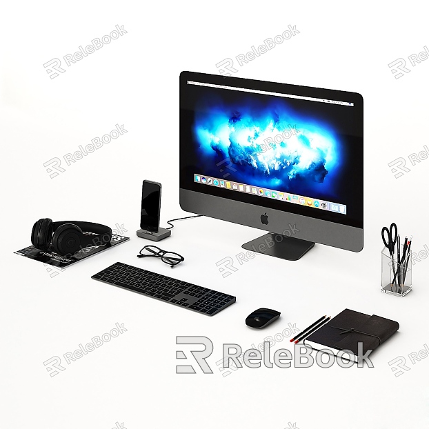 Apple computer keyboard and mouse headset mobile phone eyes pen holder notebook pencil scissors model