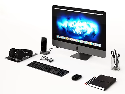 Apple computer keyboard and mouse headset mobile phone eyes pen holder notebook pencil scissors 3d model