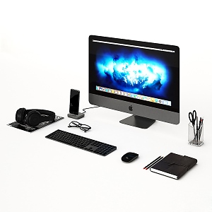 Apple computer keyboard and mouse headset mobile phone eyes pen holder notebook pencil scissors 3d model