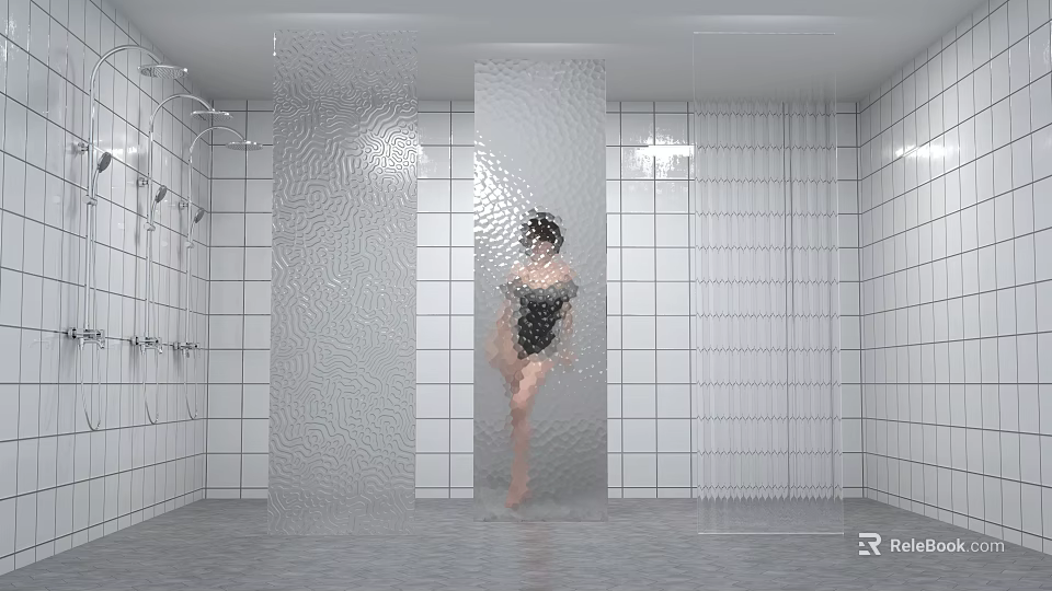 Shower Sauna Interior With Transparent Wavy Partition White Tiled Walls Shower Heads And Gray Floor 3d model 