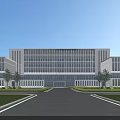 Modern Office Building With Large Glass Windows Grand Entrance And Landscaped Lawn Driveway