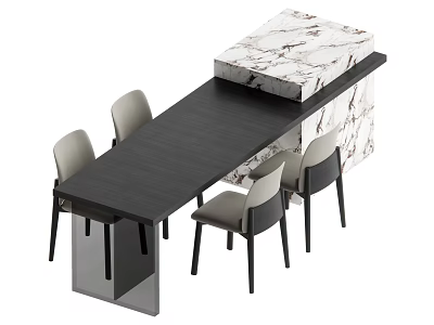 Modern Dining Table Set With Black Tabletop Grey Chairs And Marble Counter 3d model