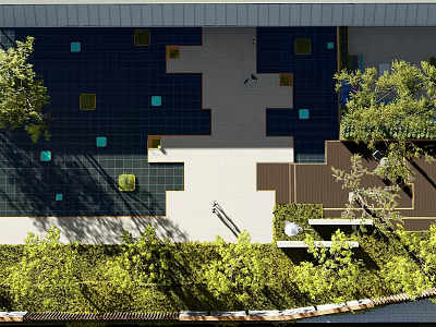 Aerial View Modern Garden Landscape With Geometric Paved Areas And Green Plants 3d model
