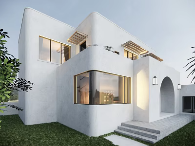 White Modern Detached Villa With Large Windows Archway Entrance And Green Lawn 3d model