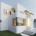 White Modern Detached Villa With Large Windows Archway Entrance And Green Lawn
