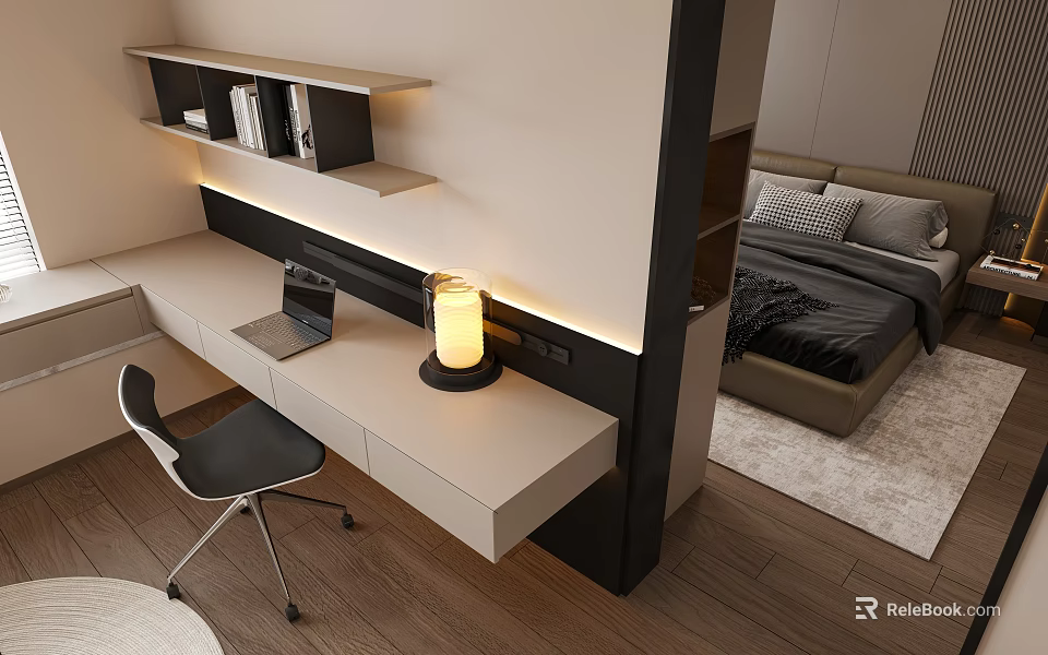 Modern Desk Interior With Floating Shelf Lamp Laptop And Black Chair 3d model 