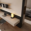 Modern Desk Interior With Floating Shelf Lamp Laptop And Black Chair