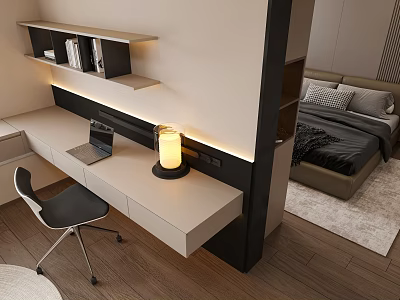 Modern Desk Interior With Floating Shelf Lamp Laptop And Black Chair 3d model
