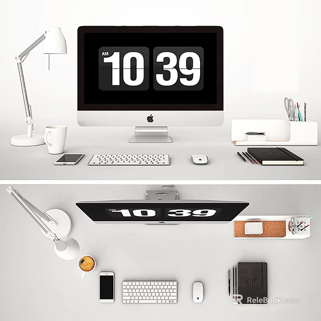 Apple iMac Desktop Setup With 1039 Digital Clock And Office Desk Accessories 3d model 