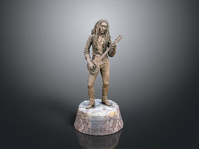 Detailed Man Statue With Long Hair Playing Guitar On Inscribed Base 3d model