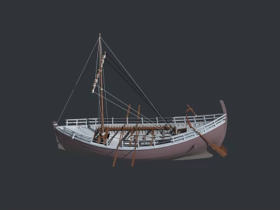 Wooden Boat With Mast Sail Oars And Traditional Handcrafted Structure 3d model