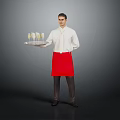 Man Standing in White Shirt and Red Apron Holding Tray with Glasses of Drinks