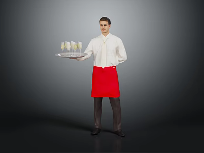 Man Standing in White Shirt and Red Apron Holding Tray with Glasses of Drinks 3d model