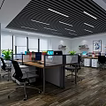Modern Public Office Space With Open Workstations Computers Green Plants And Ceiling Lights 3d model