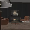 Casual Sofa Set With Leather Armchair Fireplace And Wooden Coffee Table In Dark Living Room