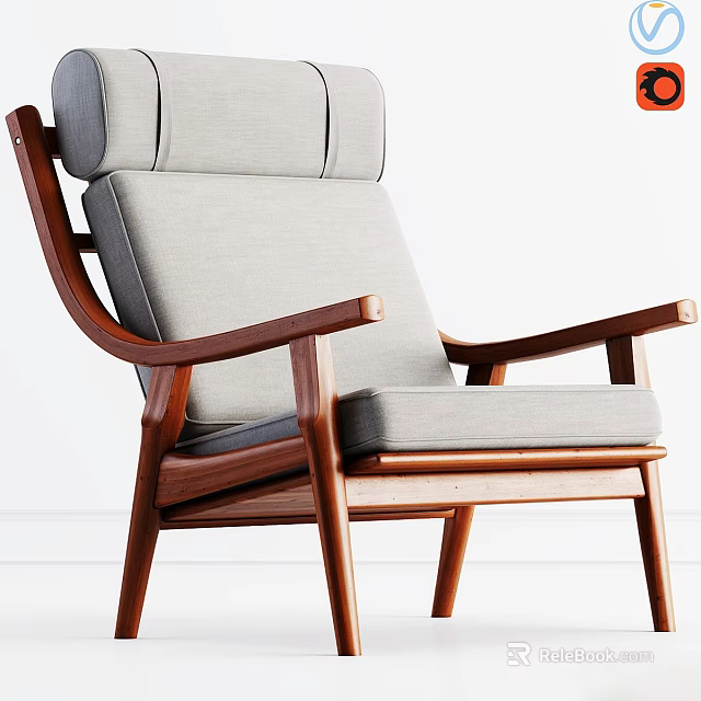 Modern Design Lounge Chair with Wooden Frame Light Gray Linen Cushion and Armrests 3d model 