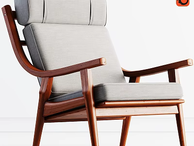 Modern Design Lounge Chair with Wooden Frame Light Gray Linen Cushion and Armrests 3d model