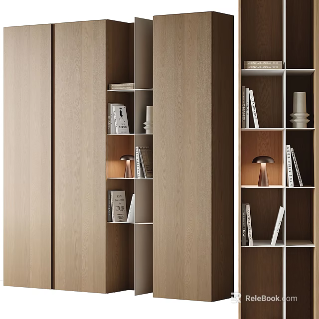 Modern Wooden Bookshelf Interior Design With Open Layered Shelves Books And Table Lamp 3d model 