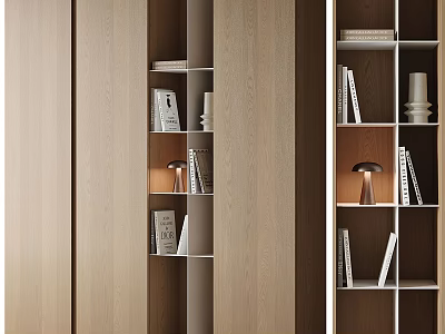 Modern Wooden Bookshelf Interior Design With Open Layered Shelves Books And Table Lamp 3d model