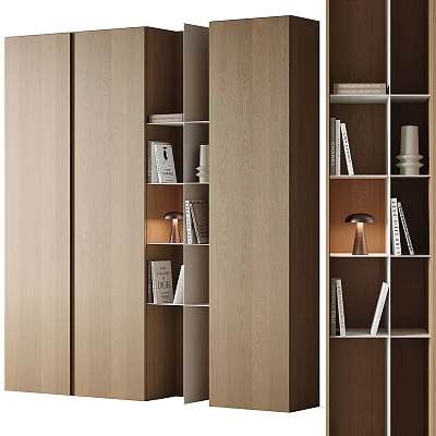 Modern Wooden Bookshelf Interior Design With Open Layered Shelves Books And Table Lamp 3d model