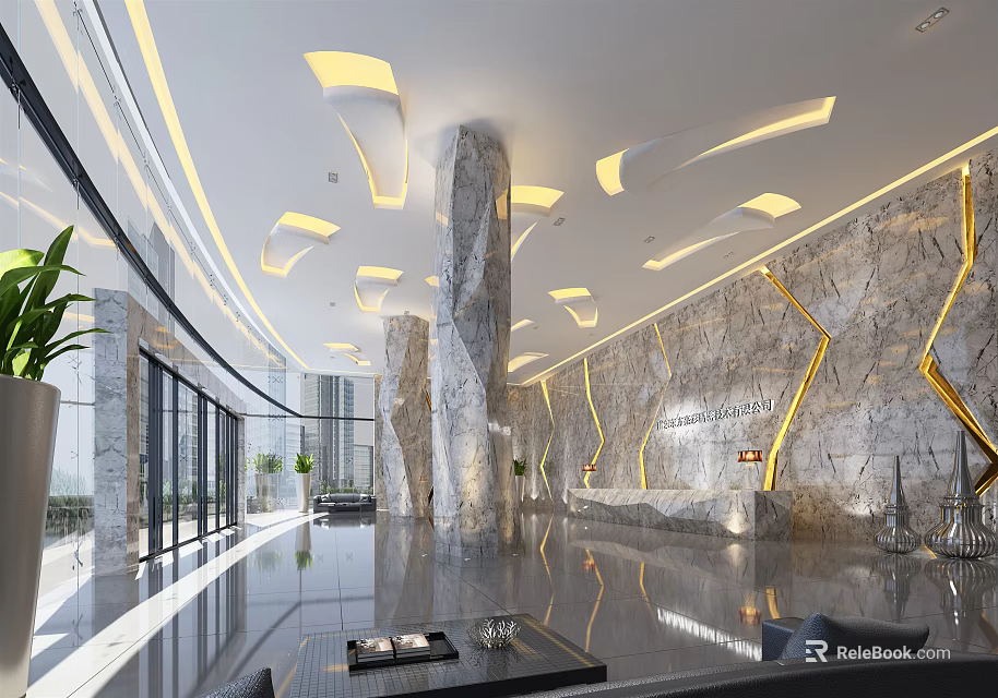 Elegant Modern Lobby Reception Desk Design With Marble Walls Columns And Lighting 3d model 