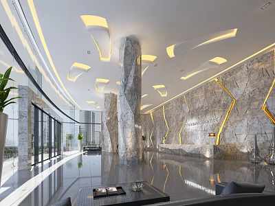 Elegant Modern Lobby Reception Desk Design With Marble Walls Columns And Lighting 3d model
