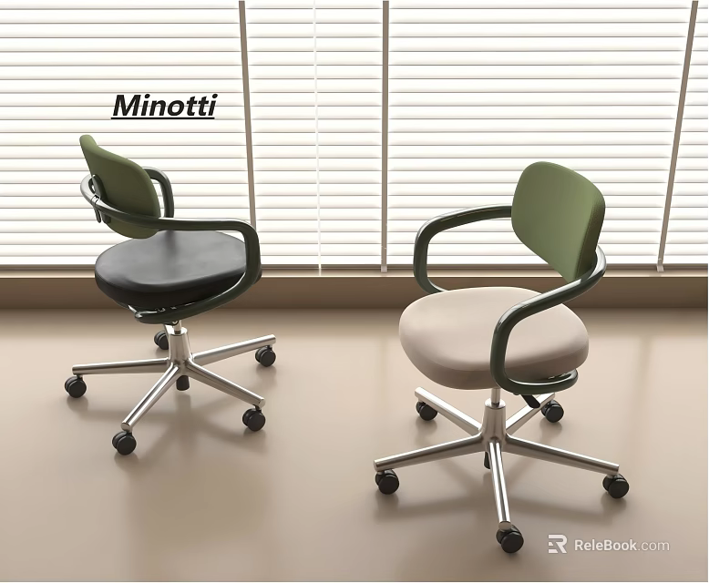 Minotti Office Chairs with Green Armrests Black and Beige Seats Metal Base and Wheels 3d model 