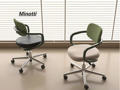 Minotti Office Chairs with Green Armrests Black and Beige Seats Metal Base and Wheels 3d model