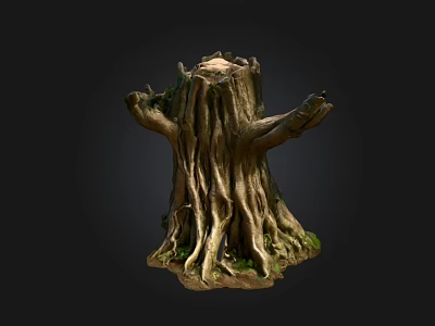Natural Stone Wood Tree Stump with Intricate Roots Textured Surface and Green Moss 3d model