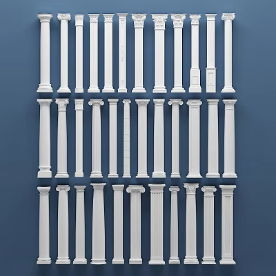 White Columns Arranged in Multiple Rows With Various Designs Against Blue Background 3d model