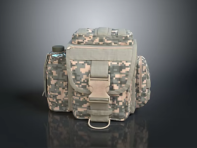 Soldier Wearing Camouflage Backpack With Water Bottle And Tactical Pockets 3d model
