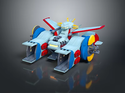 Futuristic Car Design With Blue Red Wings Yellow Dragon Head And Colorful Wheels 3d model